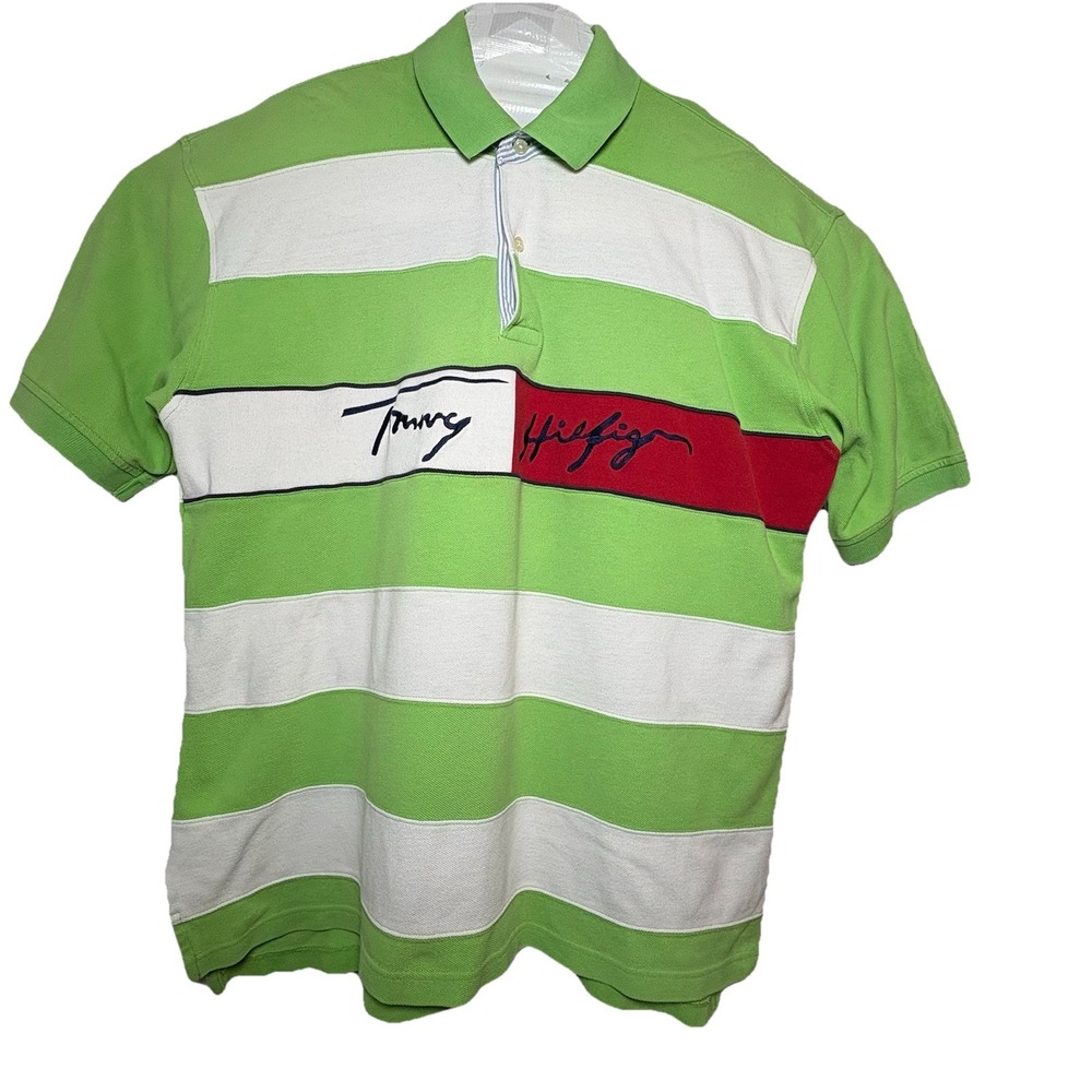 Tommy Hilfiger Polo Shirt VTG Y2K Front Spell Out Mint Green White Stripes‎ XL